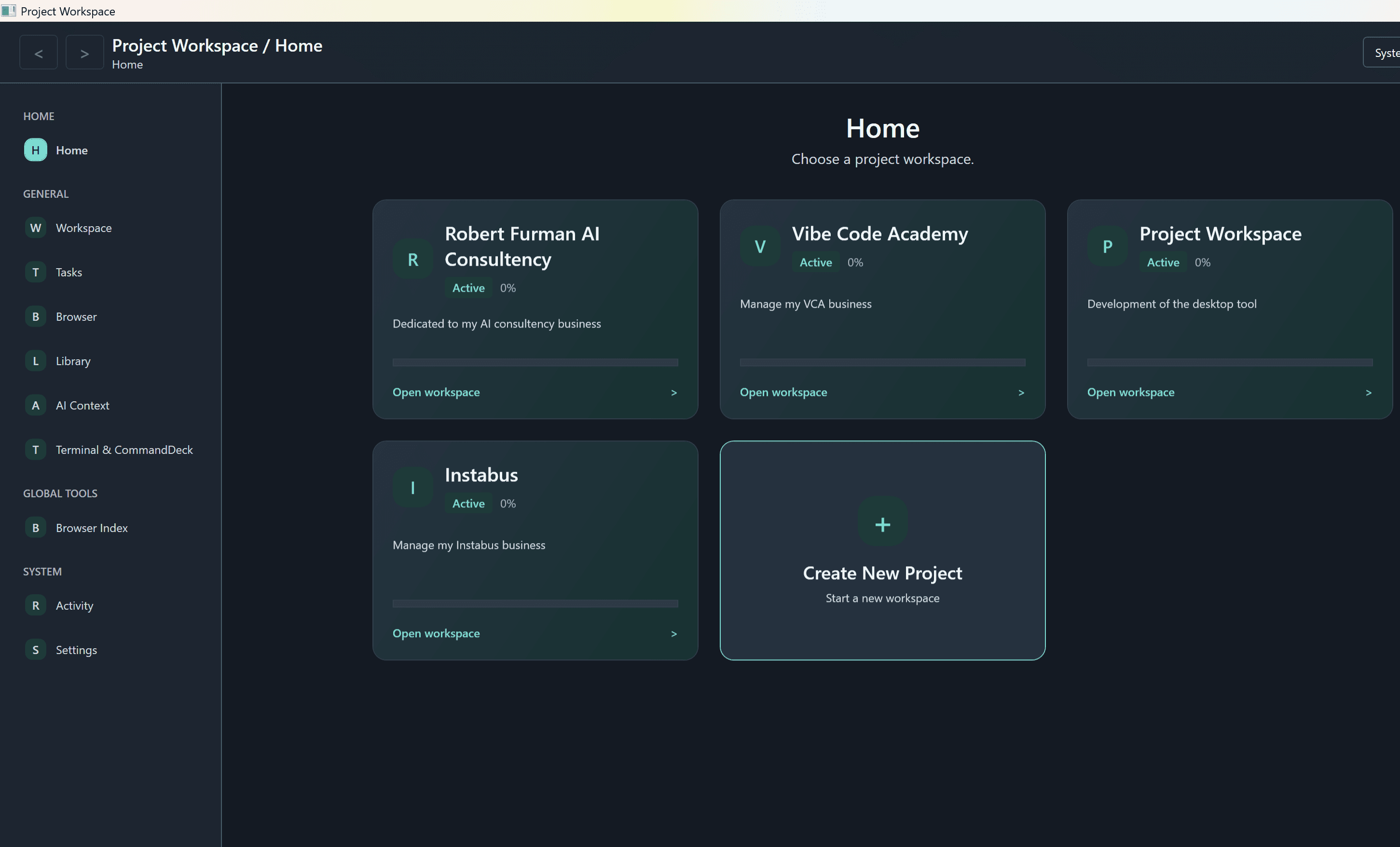 Project Workspace desktop application screen