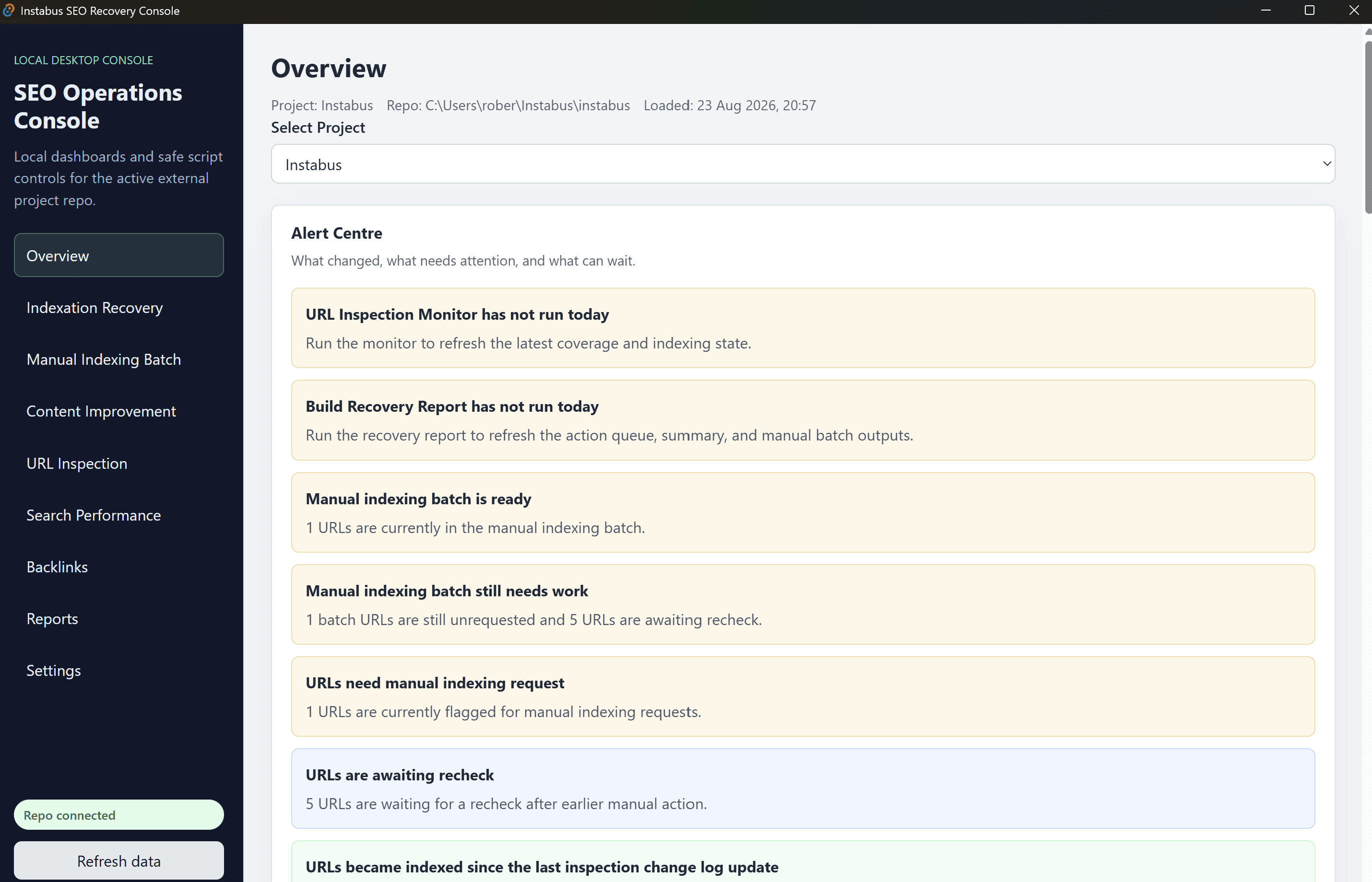 SEO Operations Console desktop workspace screen
